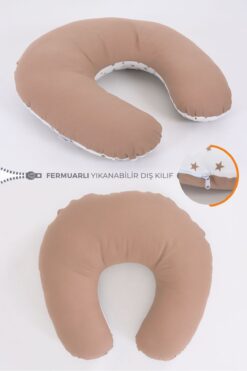 Umaybebek Çift Taraflı Emzirme Yastığı Bebek Destek Minderi Hamile Yastığı %100 Pamuk - Bebek Kahve Yıldız