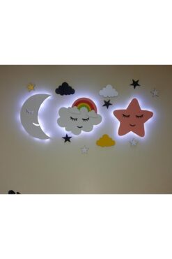 Lowenart Çocuk Odası Dekoratif Ahşap Ay Gökkuşağı Bulut Yıldız Gece Lambası Ledli Aydınlatma