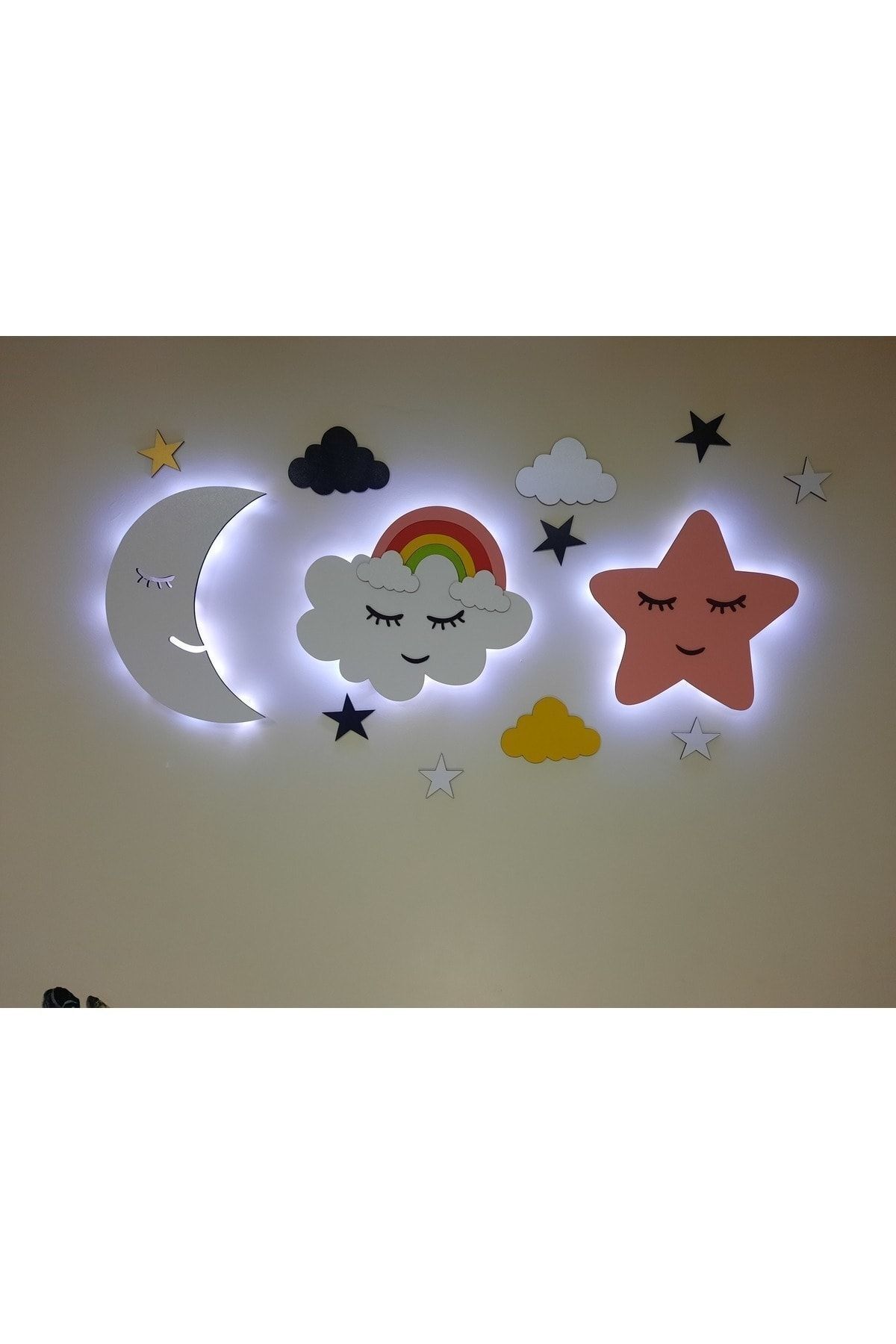 Lowenart Çocuk Odası Dekoratif Ahşap Ay Gökkuşağı Bulut Yıldız Gece Lambası Ledli Aydınlatma
