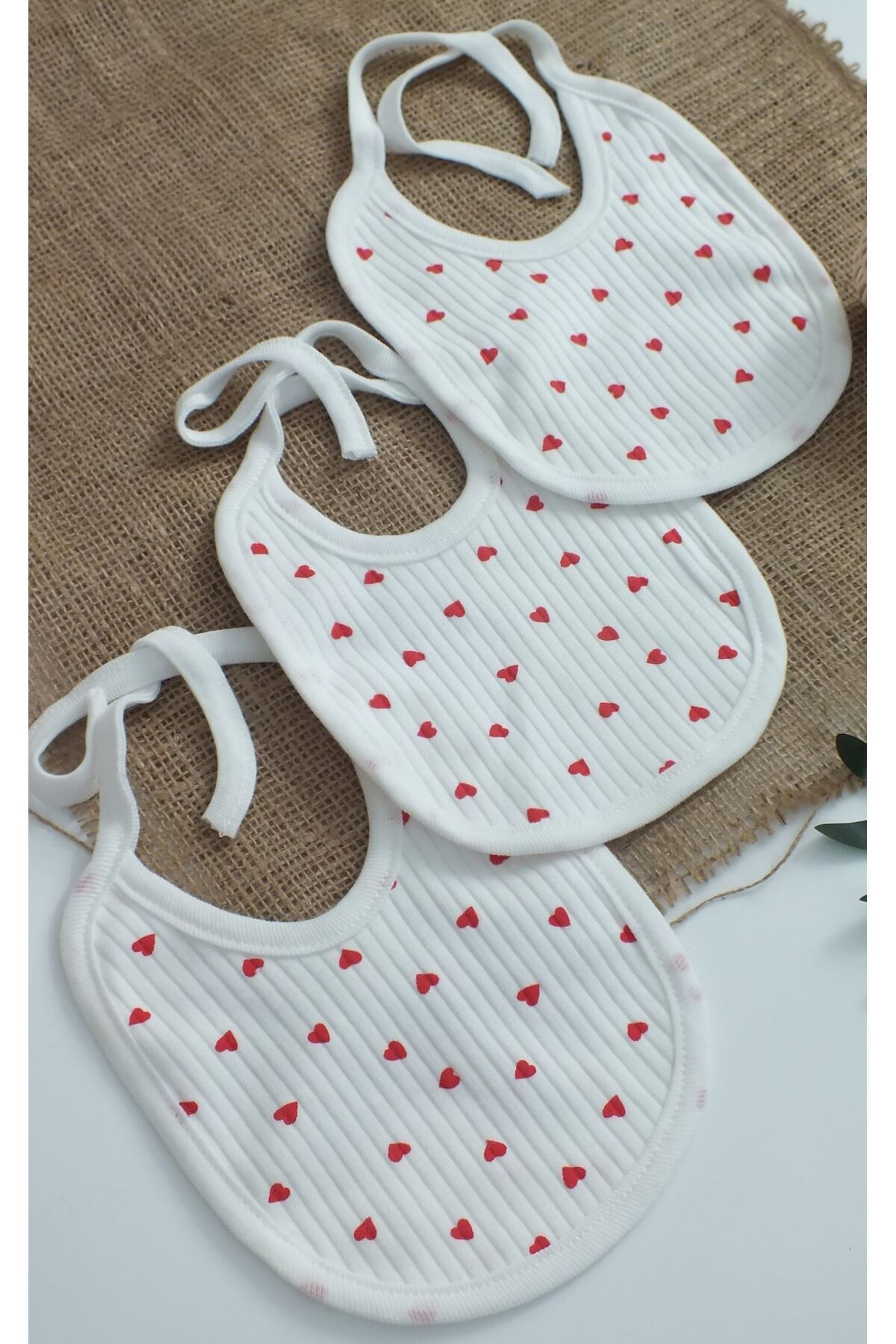 Bebe wini %100 Pamuk Kırmızı Kalpli 3 Lü Bebek Önlüğü