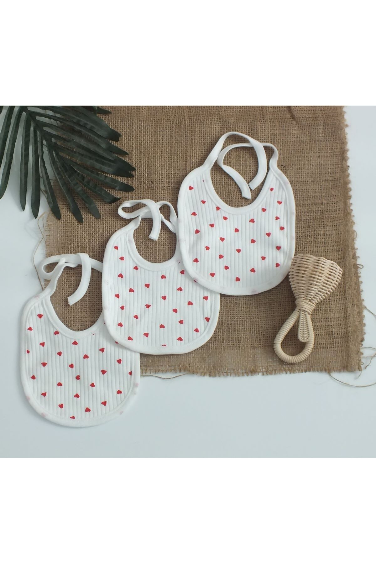 Bebe wini %100 Pamuk Kırmızı Kalpli 3 Lü Bebek Önlüğü - Görsel 3