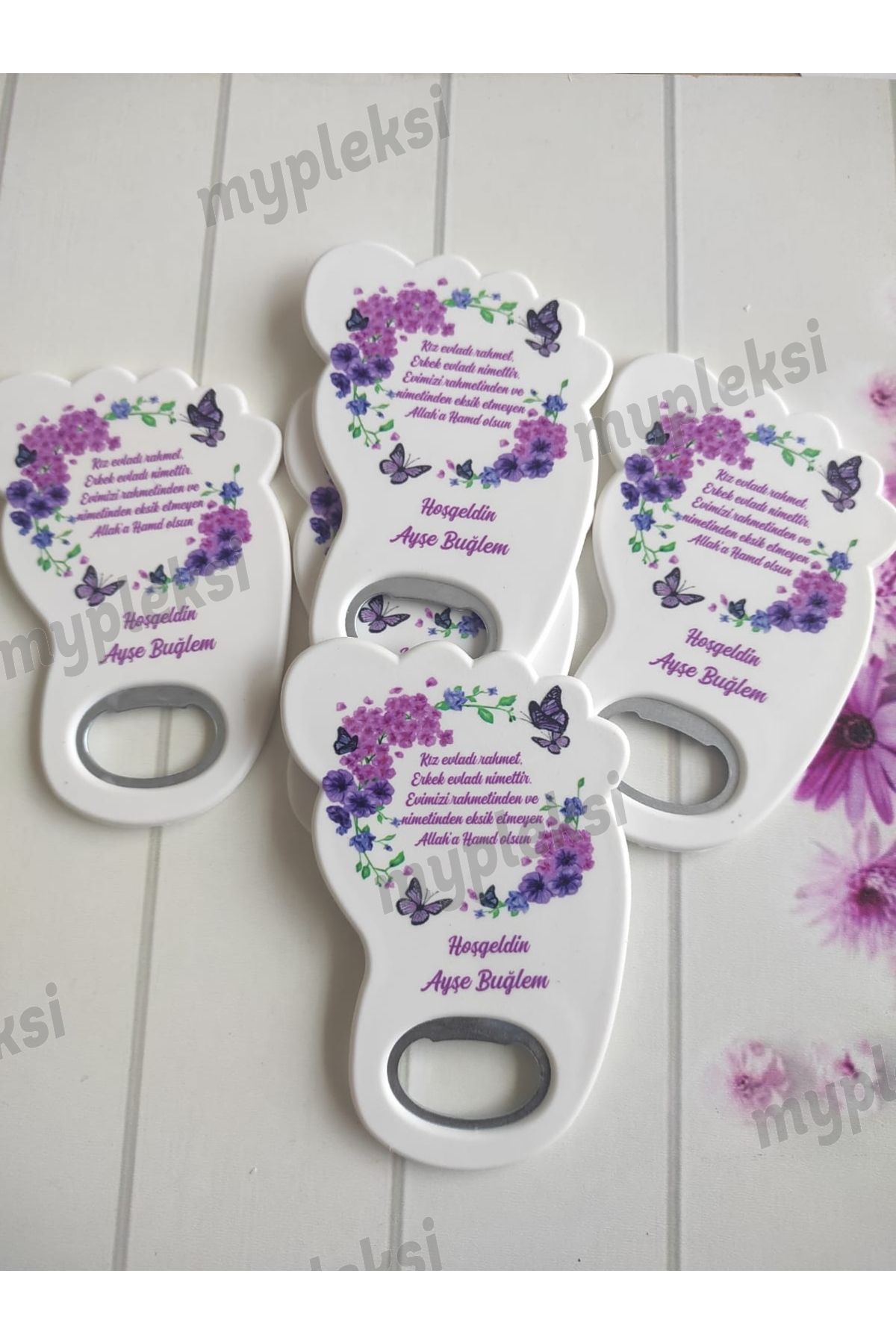 mypleksi Mor Çiçekli Bebek Magneti, Mor Çiçekli Ayak Açacak Magnet 10 Adet