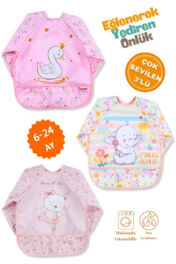 Bebechi 3'Lü Set Kollu Giyilebilir Sıvı Geçirmez Aktivite ve Mama Önlüğü 6-24 Ay (Sevimli Ayı-Kuğu-Fil)