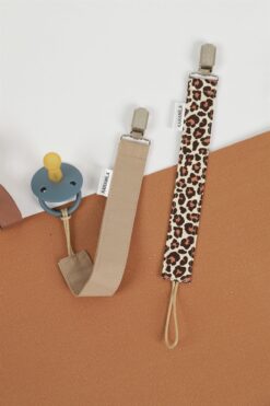 KARAMİLA 2’li Set %100 Pamuk Emzik Askısı - Emzik Zinciri- Emzik Tutacağı Leopar Ve Vizon