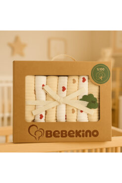 Bebekino Organik Penye 7'lı Bebek Ağız Bezi – %100 Pamuk Kutulu Desenli Mendil 22*22cm
