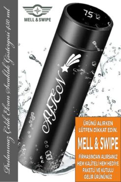 MIL SWIPE Siyah Dereceli Çelik Dijital Led Sıcaklık Göstergeli Akıllı Termos Matara Isim Baskılı 500ml