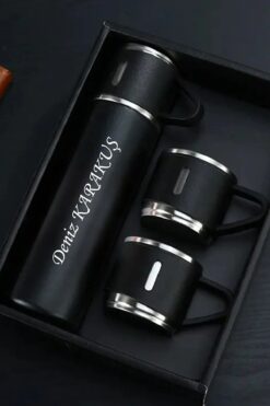 Genel Markalar Kişiye Özel Isimli Paslanmaz Çelik Termos 3 Bardaklı Termos Seti Çanta Hediyeli