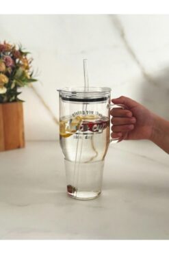 Vovo Concept 1200 ml Büyük Boy Cam Termos – Sızdırmaz Mika Kapaklı, Cam Pipetli Yazılı Bardak