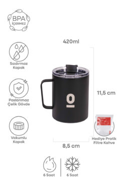 Espressolab Paslanmaz Çelik Siyah Metal Kupa 420 ml Vakum Kapaklı Isı Yalıtımlı No:91