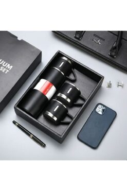 HEPBİMODA Hediyelik Paslanmaz Çelik Termos Siyah Renk 3 Bardaklı Termos Seti Vakumlu Termos Set