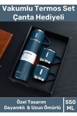 Carlburn Özel Üretim Paslanmaz Çelik 3 Bardaklı Soğuk Sıcak Termos Vakumlu Termos Set Çanta Hediyeli 550 Ml