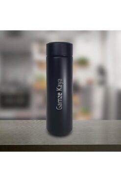 Hediye Kesesi Kişiye Özel Dijital Sıcaklık Göstergeli Süzgeçli Siyah Termos 450 Ml Hk2118