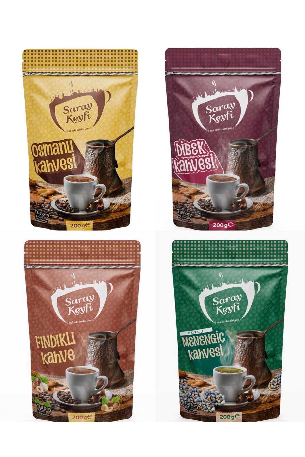 SARAY KEYFİ 4 lü Set-Dibek Kahvesi+Osmanlı Kahvesi+Fındıklı Kahve+Sütlü Menengiç Kahvesi