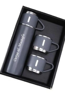 Genel Markalar Kişiye Özel Isimli Paslanmaz Çelik Termos 3 Bardaklı Termos Seti Çanta Hediyeli