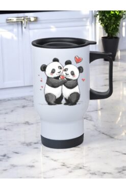 lili hediyelik Kalpli Panda Baskılı Kulplu Çelik Bardak Termos 450 ml