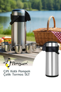 Penguen Paslanmaz Çelik Pompalı Termos 5 Litre - 1250A - 12 Saat Sıcak 24 Saat Soğuk Tutar Kilitli Kapak