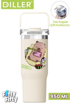 DILLER Tumbler Kapibara 950 ML Tek Kapak Çift Kullanım Pipetli/Pipetsiz Taşıma Kulplu Çelik Termos-FFD9358