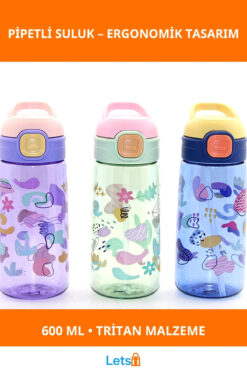 Letsii Renkli Pipetli Sızdırmaz 600 Ml Suluk Sağlıklı ve Dayanıklı Tritan