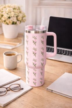 Evila Çiçek Desenli Çelik Termos Bardak – Pipetli, Kapaklı, Kulplu Sıcak Soğuk İçecek Termosu