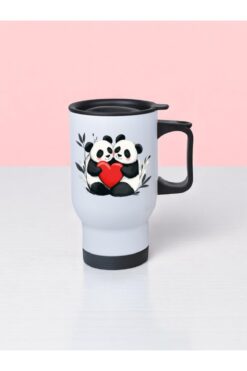 lili hediyelik Kalpli Panda Baskılı Kulplu Çelik Bardak Termos 450 ml