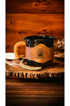 BearCraft Siyah Emaye Bardak ( Camel Renk Deri Kılıf)