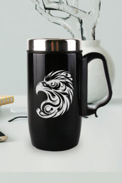 nesnelgift Siyah Çelik Kulplu Bardak Termos - İllistrasyon Kartal Motifli