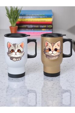 lili hediyelik Kedi Temalı 2'li Kulplu Çelik Bardak Termos 450 ml