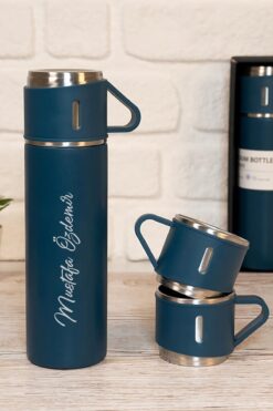 Genel Markalar Kişiye Isme Özel Üçlü Bardak Paslanmaz Çelik Termos Seti 500ml Lacivert