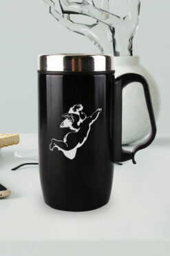 nesnelgift Siyah Çelik Kulplu Bardak Termos - Melek Motifli