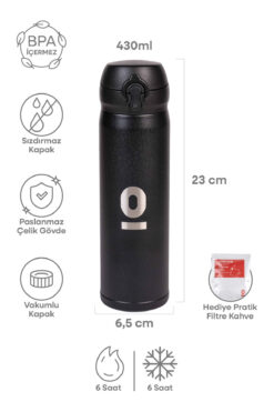 moontime alaçatı Siyah Dokulu 430 ml Paslanmaz Çelik Termos Kapaklı