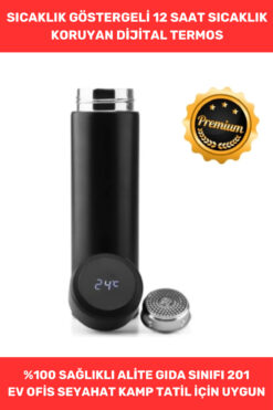 Thriftbuds Premium Kalite Gıda Sınıfı 201 Sıcaklık Göstergeli Paslanmaz Çelik Kaymaz Dijital Led Termos 500 Ml