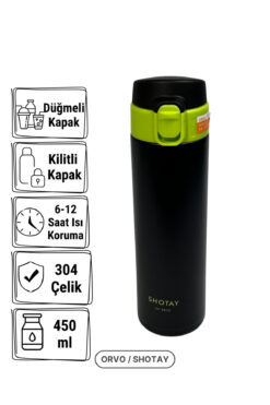 Shotay 430 ml Vakumlu Çelik Termos – 304 Paslanmaz Çelik – Sızdırmaz Kapak – Siyah