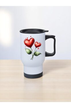 lili hediyelik Kalp Şeklinde Çiçek Baskılı Kulplu Çelik Bardak Termos 450 ml