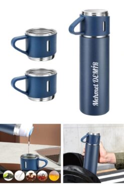 Lexi Bella İsime Kişiye Özel Hediye 3 Bardaklı Paslanmaz Çelik Vakumlu Sıcak Soğuk Kamp Termos Seti Lacivert