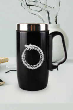 nesnelgift Siyah Çelik Kulplu Bardak Termos - Kendini Yiyen Ejderha Motifli