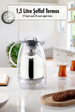 Genel Markalar 1.5 LT Isı Yalıtımlı Çay Ve Soğuk Su Termosu Şeffaf (12 Saat Sıcak Tutar& İçi Camdır)