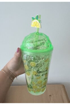 Two Two Limonlu Renkli Yaz Desenli Pipetli İçecek Kupası 101-Yeşil Sarı