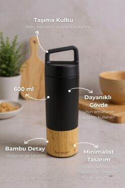 Bambum Janna Bambu Desenli El Termosu Siyah 600ml