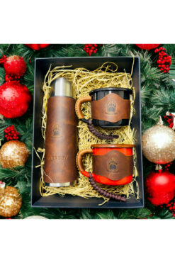 BearCraft Termos ve 2’Li Emaye Bardak Seti (Hakiki Deri kılıflı)