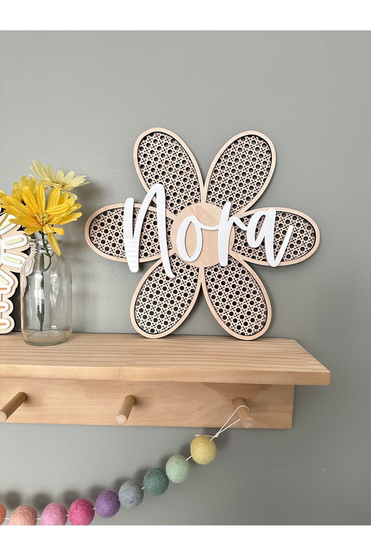 AŞKTOPLARIM Ahşap Isimli Bebek Hediyelik Rattan Papatya Temalı Bohem Çocuk Odası Dekor - Görsel 2