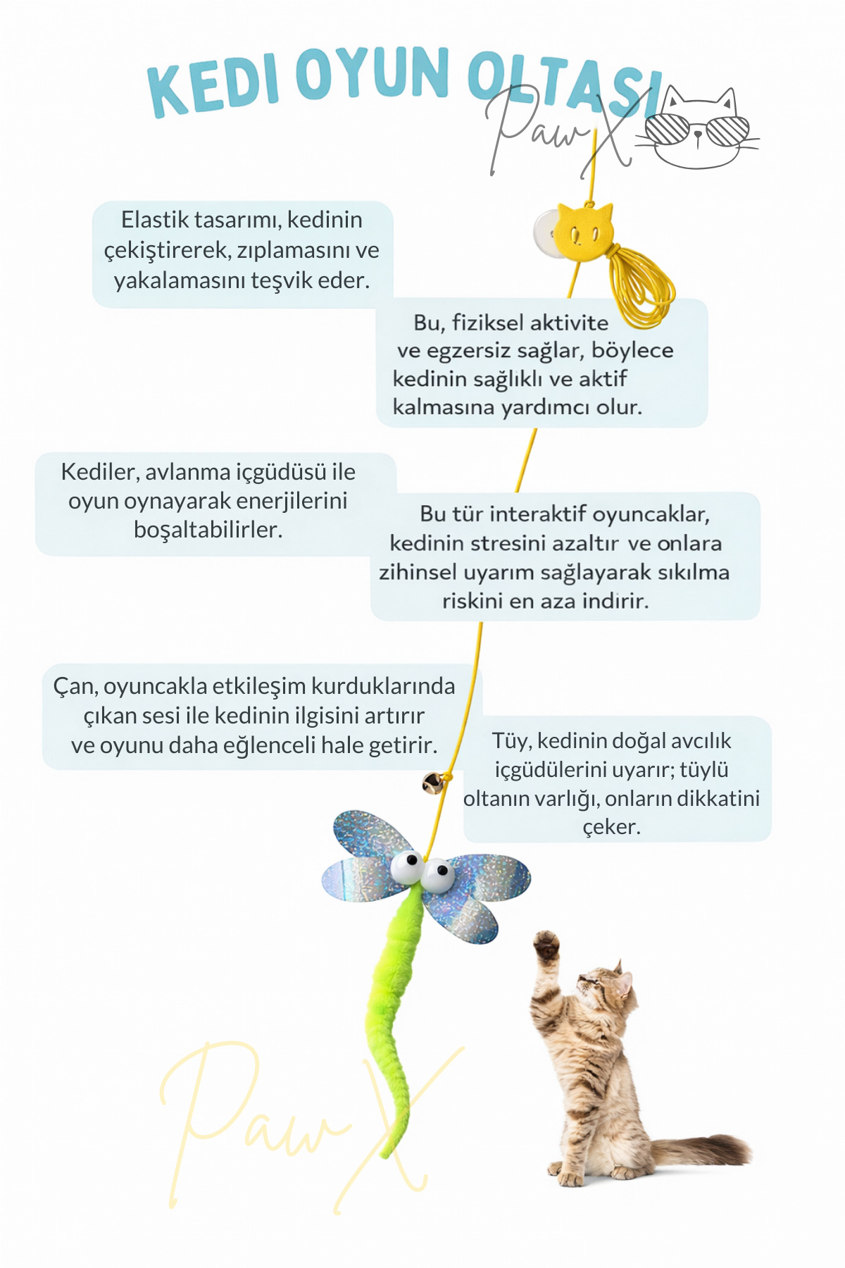 PawX Kendinden Yapışkanlı Elastik Kedi Oltası Oyuncağı Yusufçuk - Çıngıraklı ve Peluş Kuyruklu Oyuncak - Görsel 2