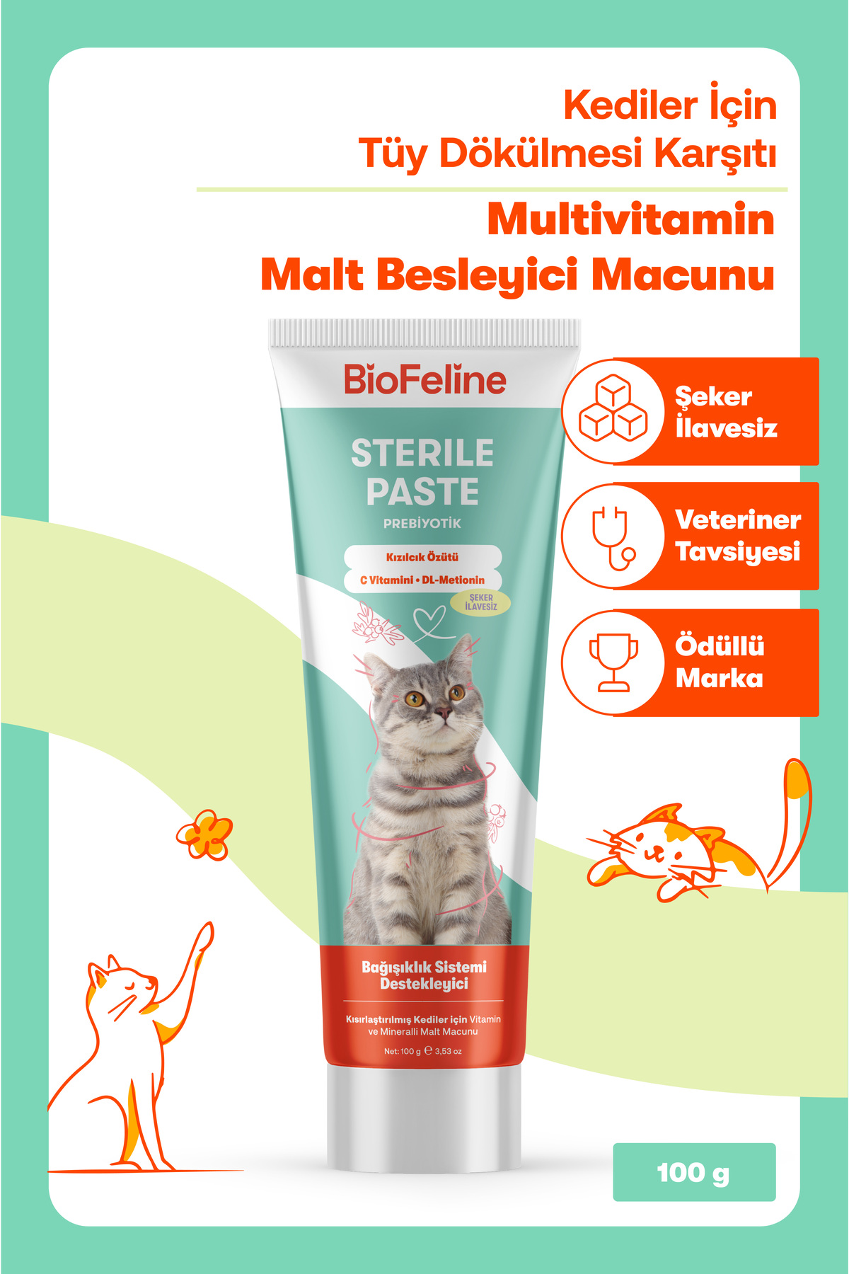 BioFeline Tüy Dökülmesi, Tüy Yumağı ve Kusma Engelleyici Multivitaminli Kısır Kedi Maltı 100g - Görsel 3
