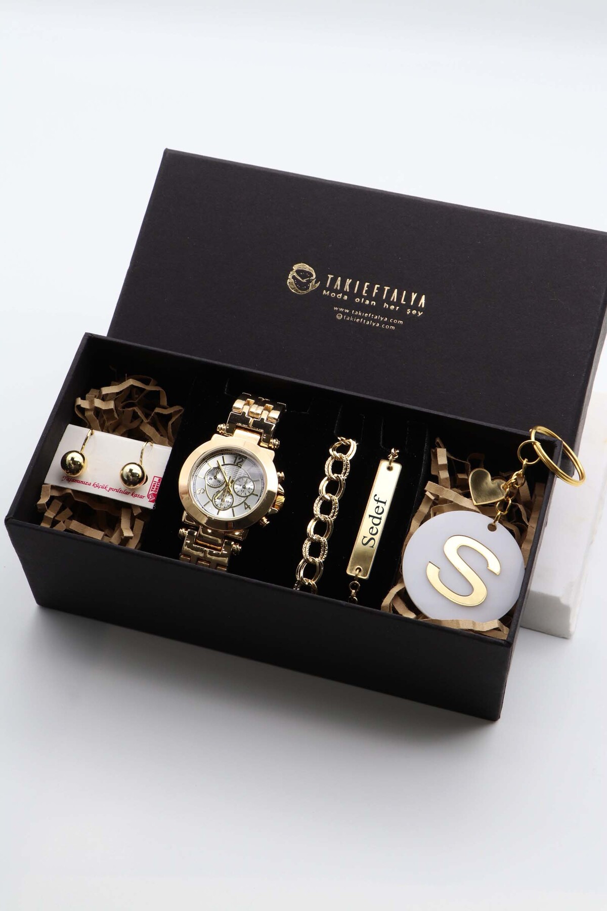 Northwatch Kişiye Özel Gold Kadın Saat, Özel Harf Anahtarlık, Bileklik Ve Küpe Seti