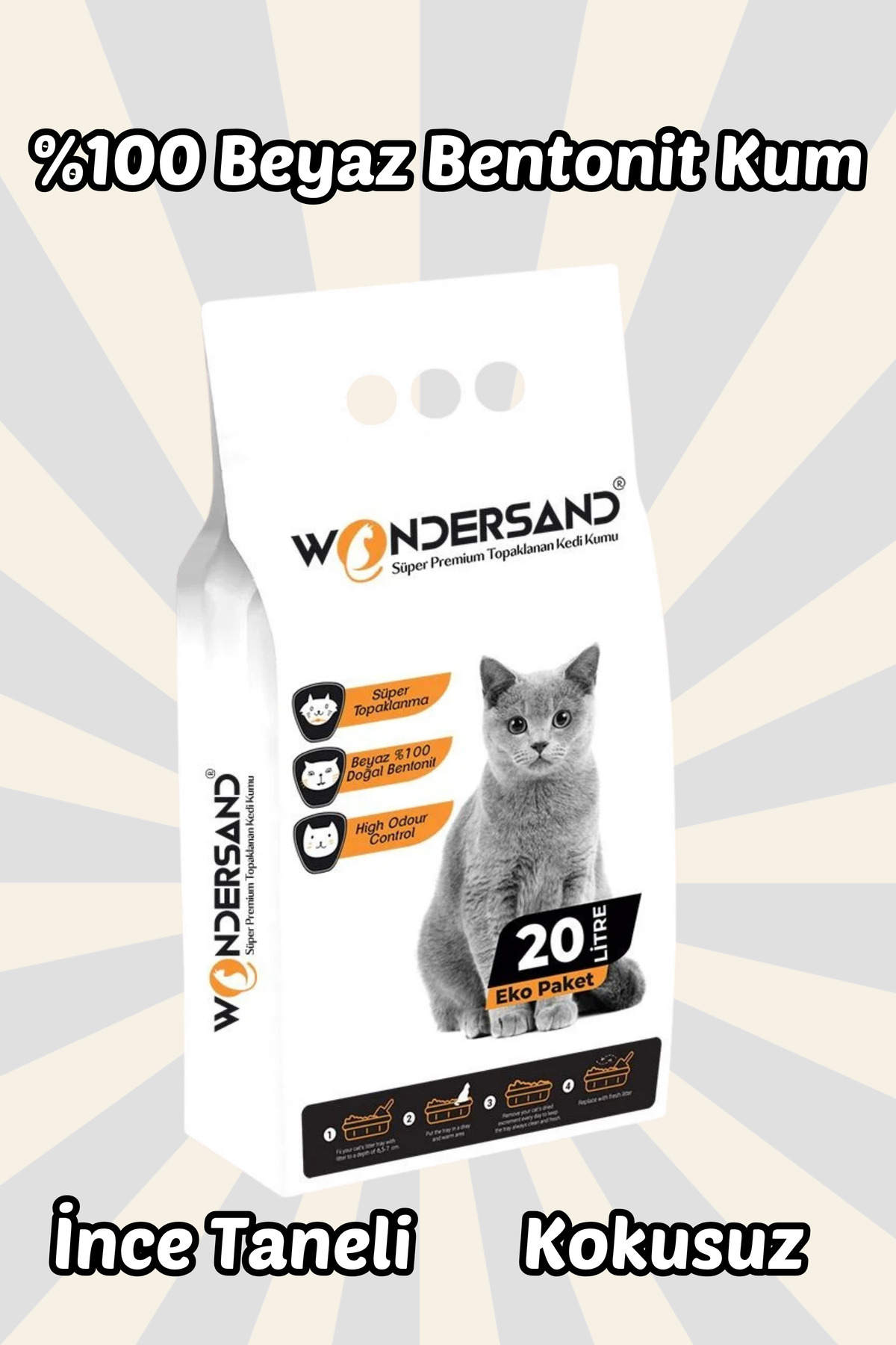 wondersand 20 Litre %100 Beyaz Bentonit Ince Tane Kokusuz Topaklanan Premium Kedi Kumu - Görsel 2