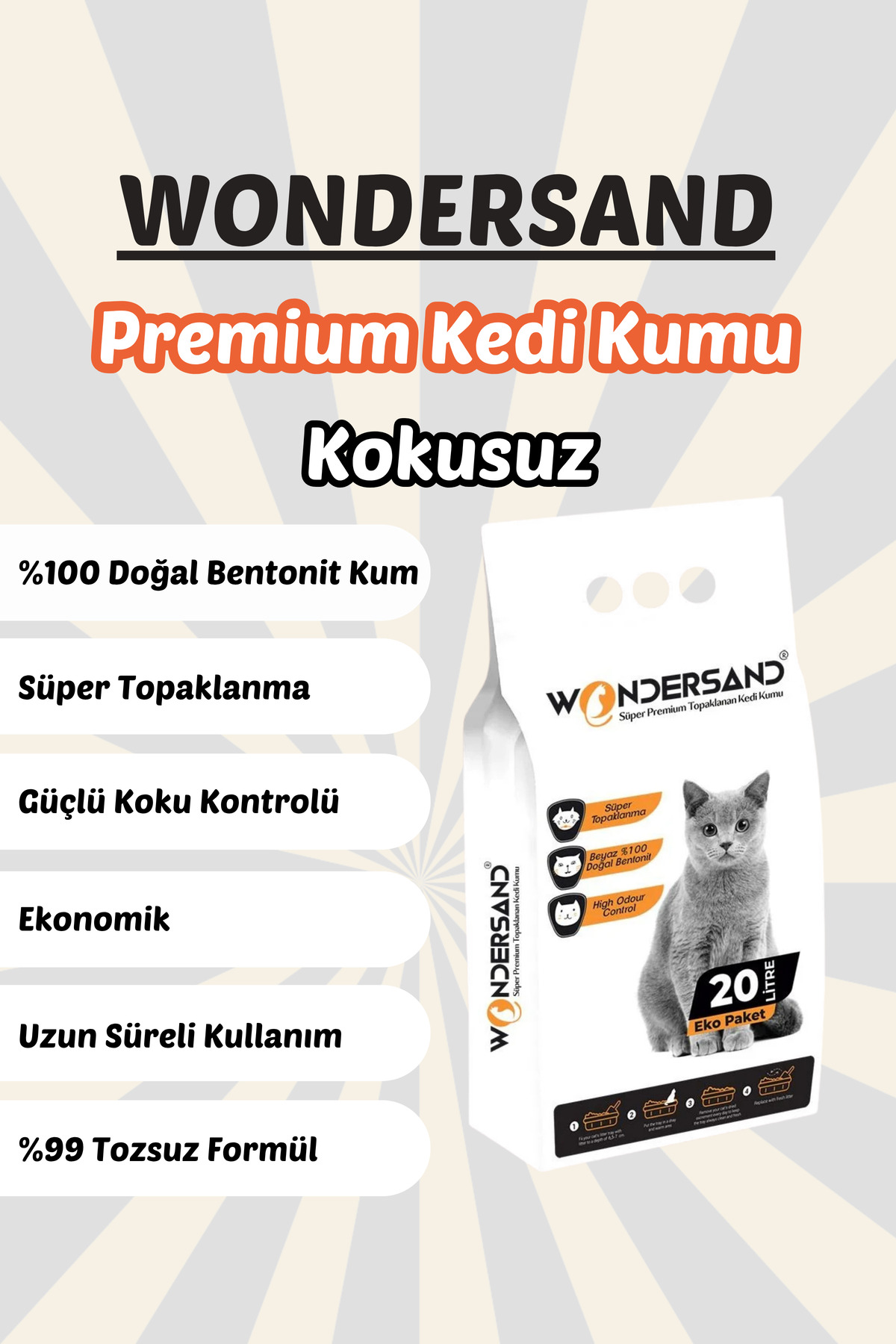 wondersand 20 Litre %100 Beyaz Bentonit Ince Tane Kokusuz Topaklanan Premium Kedi Kumu - Görsel 3