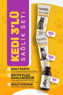 Munich Vet 3’lü Kedi Seti Tüy Sağlığı Damlası(50ML) Malt Pasta(100GR) Multi Vitamin Pasta(100GR)