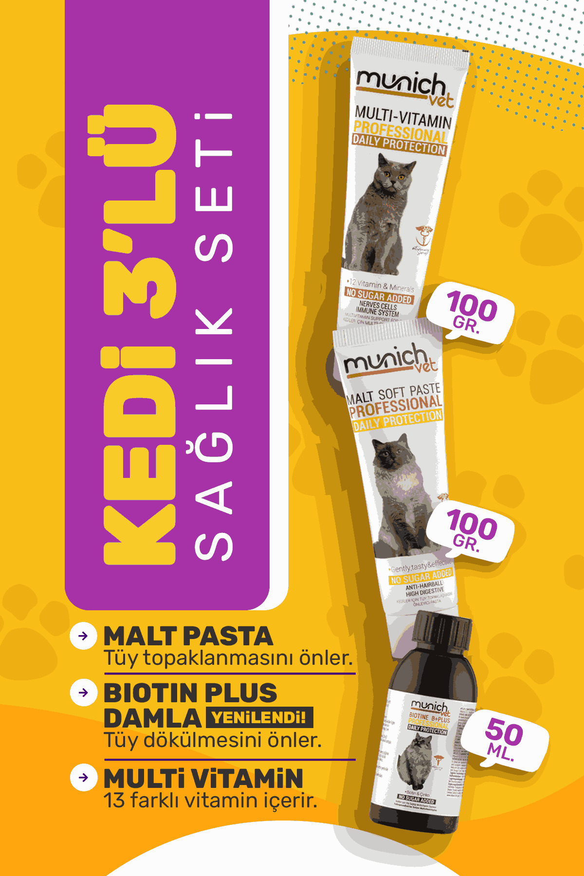 Munich Vet 3’lü Kedi Seti Tüy Sağlığı Damlası(50ML) Malt Pasta(100GR) Multi Vitamin Pasta(100GR)