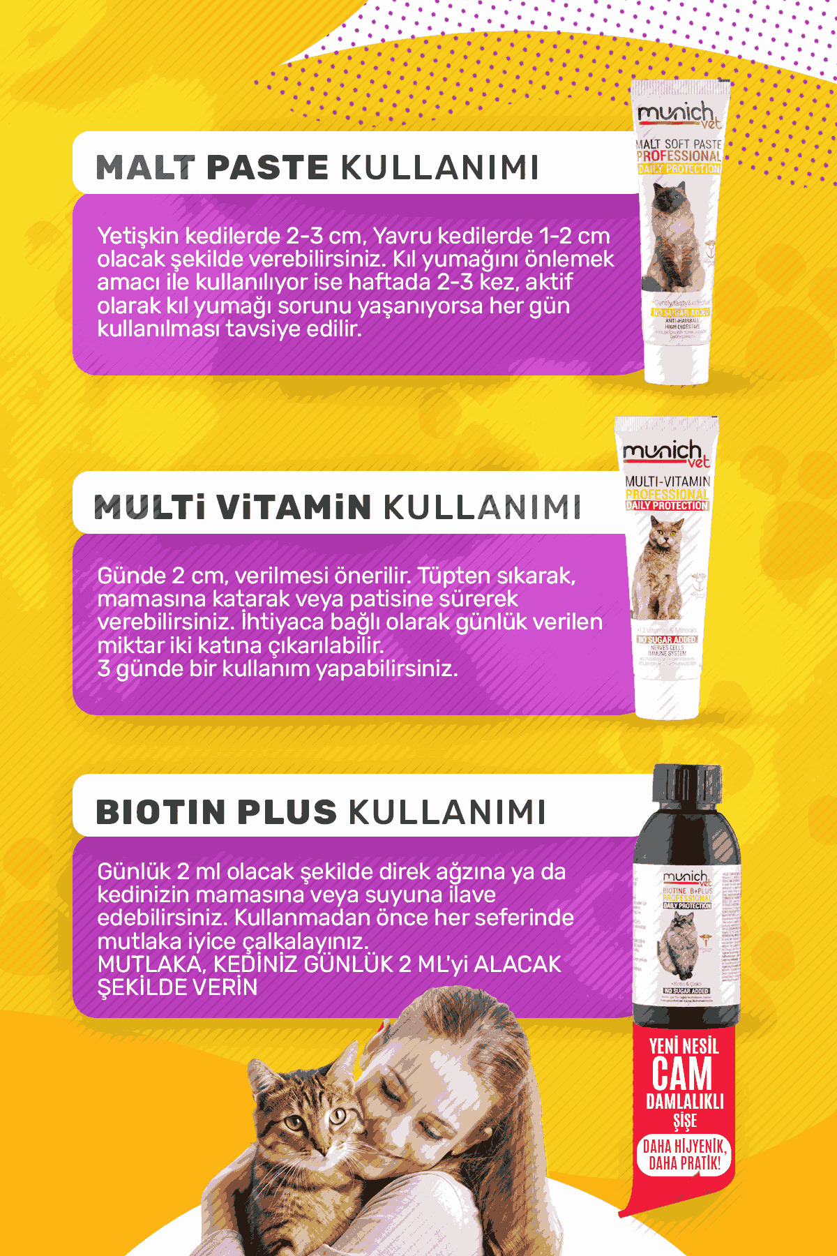 Munich Vet 3’lü Kedi Seti Tüy Sağlığı Damlası(50ML) Malt Pasta(100GR) Multi Vitamin Pasta(100GR) - Görsel 3