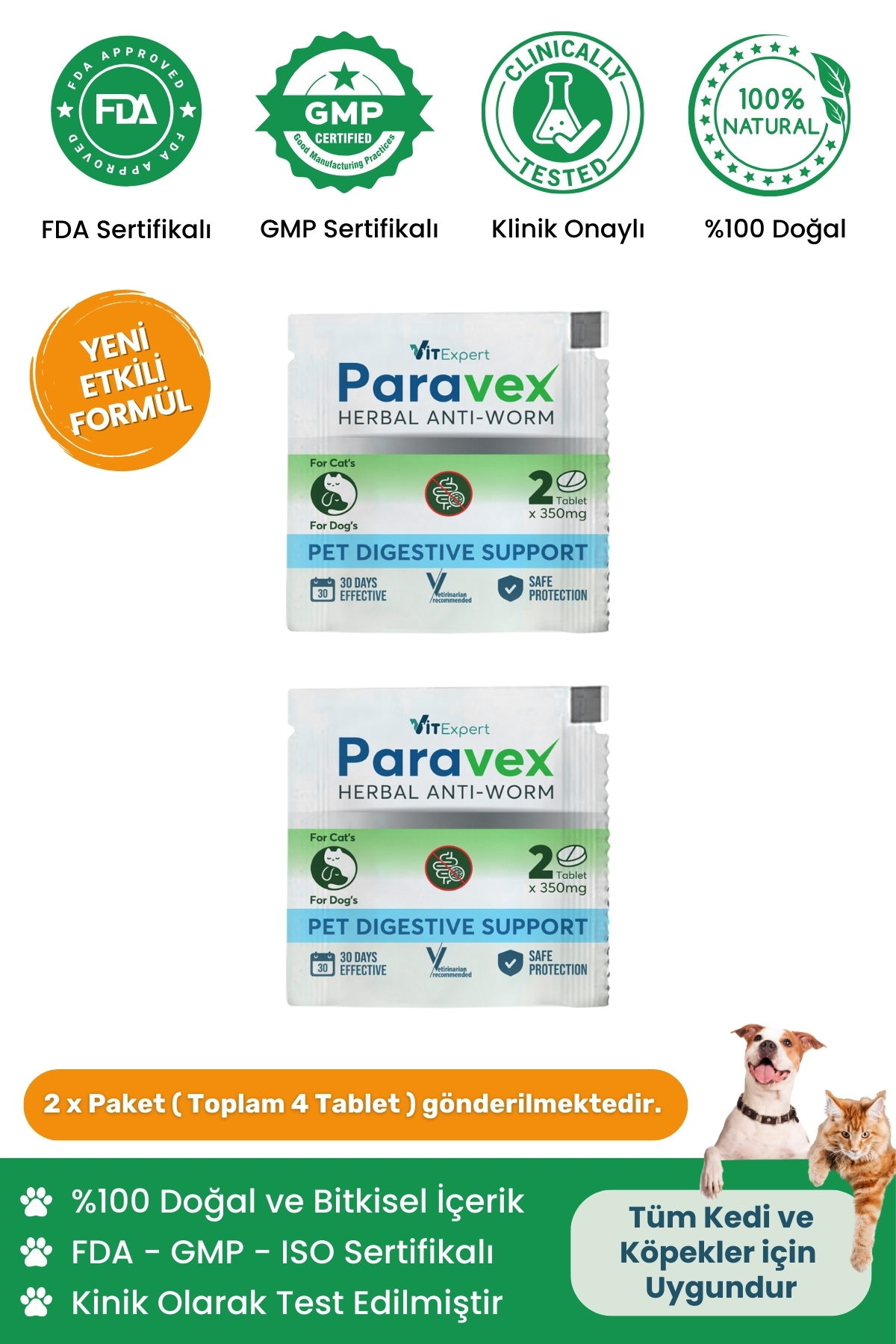 Vitexpert Bitkisel & Lezzetli Kedi Ve Köpek Parazit Tableti Paravex Herbal Anti-worm 4 Adet Tablet