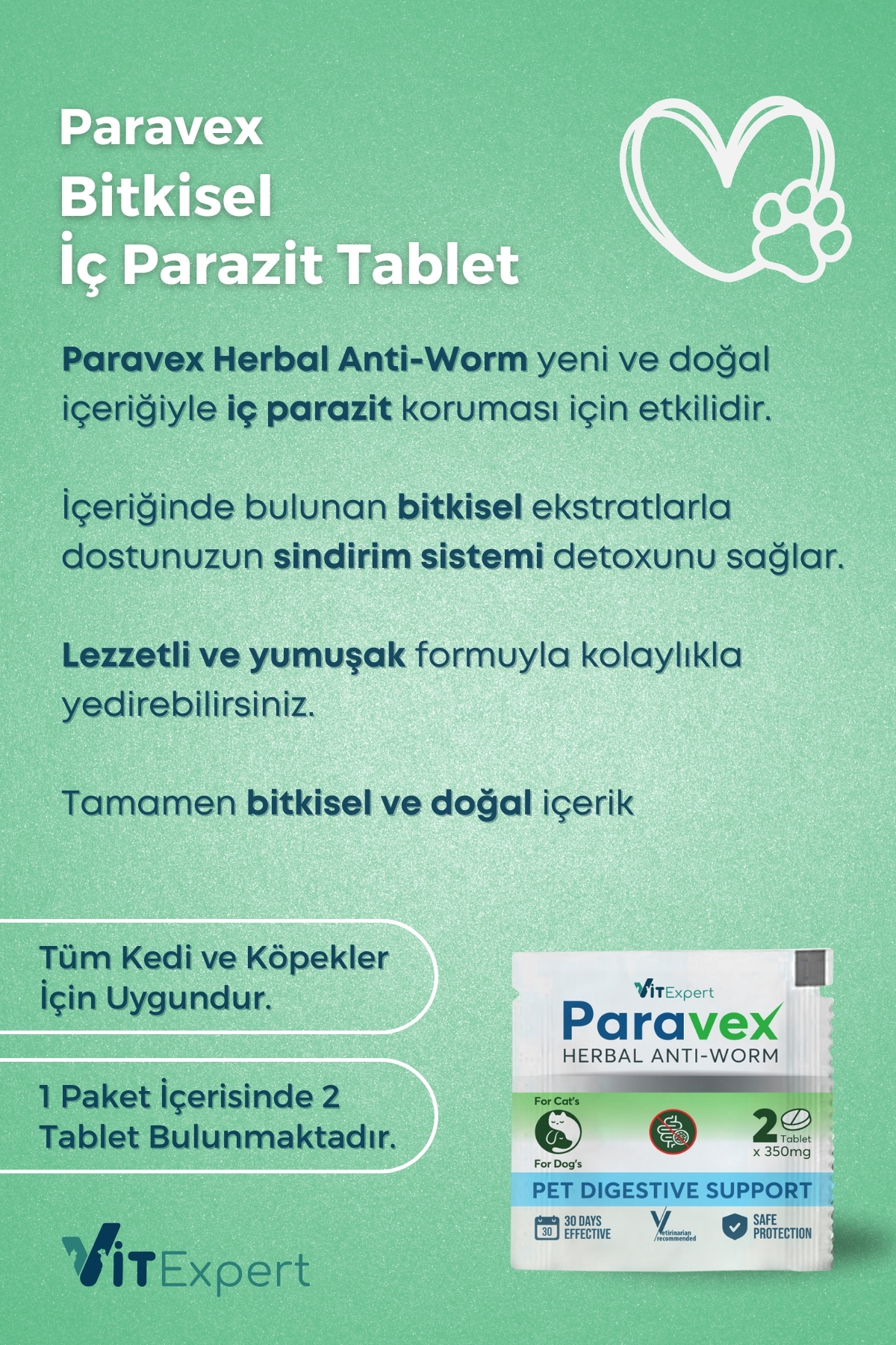 Vitexpert Bitkisel & Lezzetli Kedi Ve Köpek Parazit Tableti Paravex Herbal Anti-worm 4 Adet Tablet - Görsel 2